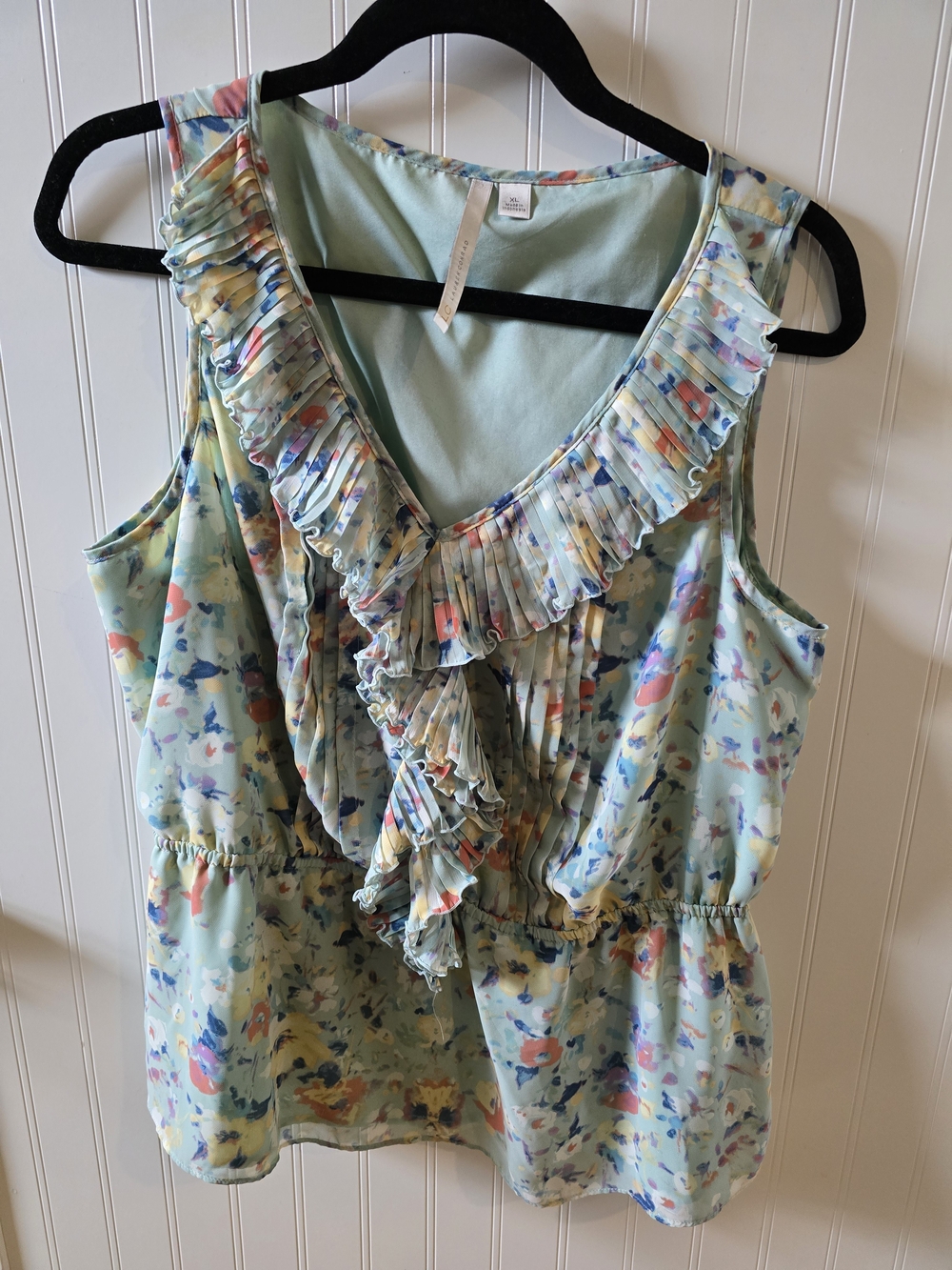 LC Lauren Conrad Pleated Ruffle Floral Tank Top in Light Blue Multi